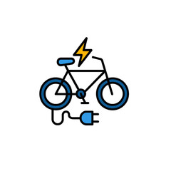 Modern electric bicycle charging with a lightning bolt symbol and power plug, representing sustainable urban transport and clean energy.