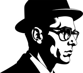 Retro male profile silhouette with glasses and hat