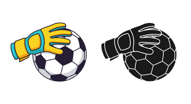 Cartoon illustration of a soccer ball and goalkeeper gloves in color and silhouette