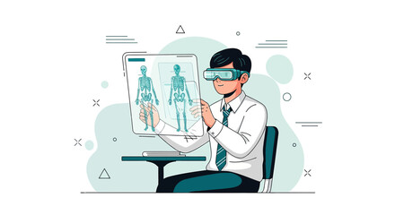 Fototapeta premium Medical professional examining human skeletons in virtual reality with glasses