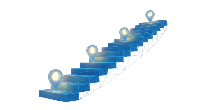 Digital Ascent Navigating Career Stairs with Geolocation Pins on Blue Abstract Steps toward Goals Future Achievements