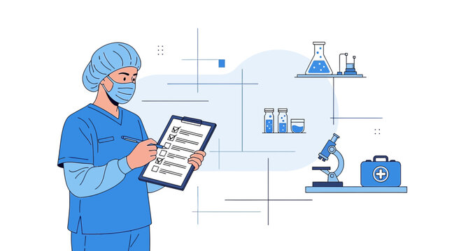 Medical professional with checklist: healthcare worker in lab environment performing tests