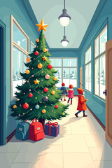 Christmas tree decorated with ornaments in a school hallway with children