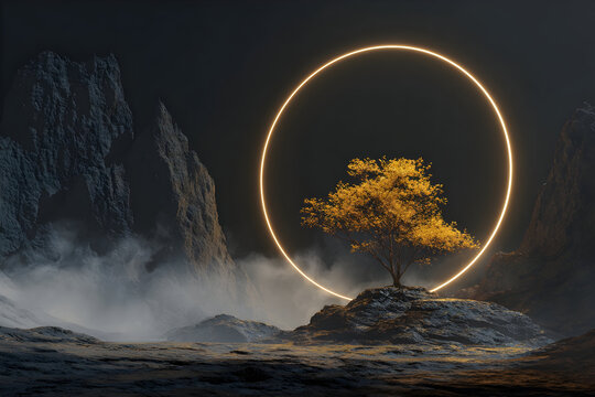 Mystical dreamlike landscape with illuminated tree and rocky terrain