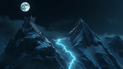 A castle on a snowy mountain peak under a full moon with a lightning strike on a dark night sky