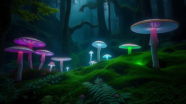 Glowing mushrooms illuminate a dark forest floor with vibrant colors and mystical atmosphere creating wonder