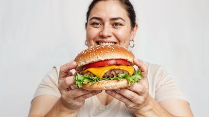Woman happily holding giant hamburger — joyful, carefree atmosphere of indulgence in unhealthy but delicious food.