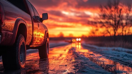 Truck reflecting sunset, blurred cars trailing behind