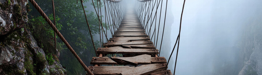 Obraz premium Rickety rope bridge with broken planks spanning misty canyon, evoking danger and solitude in dramatic mountain scene