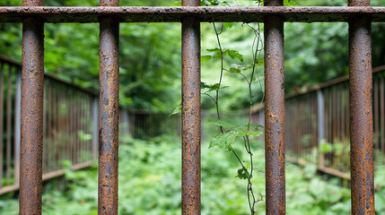 Rusted gate vine abandoned railing overgrown greenery rusted gate railing ajar abandoned site with vines creeping over bars and lush greenery
