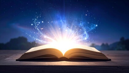 Open book on wooden table emitting bright light and swirling sparkles with dark night sky and trees in background
