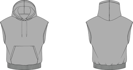 Cad drawing flat vector, sleeveless hoodie design, fashion technical sketch, apparel template, clothing illustration, garment construction, sportswear style