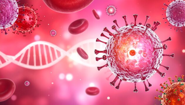 Microscopic view of viruses and blood cells against a hazy pink and white background
