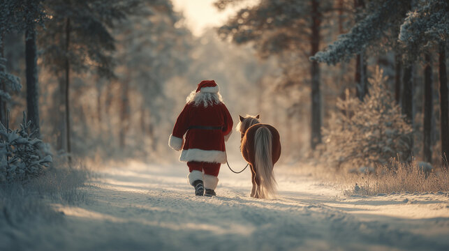 Christmas scene featuring Santa Claus walking through a snowy forest alongside a pony, capturing a magical winter atmosphere perfect for the holiday season. Image made using Generative AI.