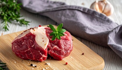 Raw beef roast on wood cutting board with rosemary, garlic, pepper & draped cloth on rustic wood table