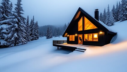 A cozy cabin glows warmly in a snowy mountain landscape, offering a tranquil winter scene