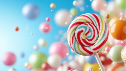 A colorful swirl lollipop on a stick floats amidst a whimsical array of pastel-colored balloons and sprinkles, creating a vibrant, sweet, and playful scene