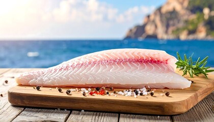 Raw fish fillet on wood, speckled with spices, by sea; serene, vibrant