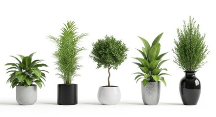 Obraz premium Collection of five potted green houseplants with different foliage and pots