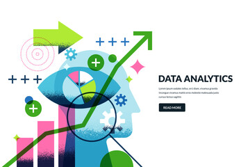 Obraz premium Concept of data analytics and innovation. Vector illustration of human head, eye, chart, arrow graph, magnifying glass