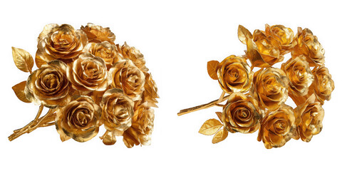 Two exquisite bouquets of lustrous golden roses, symbolizing luxury, wealth, and timeless beauty. ideal for celebrations. isolated on transparent background