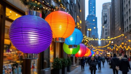 Vibrant colorful paper lanterns illuminate a city street during a festive holiday season