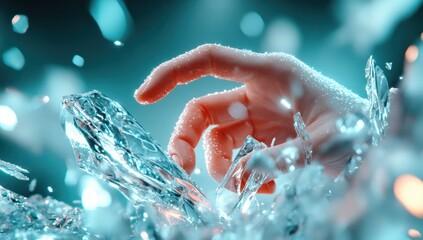 A hand delicately touches fragmented ice, creating a surreal, icy scene