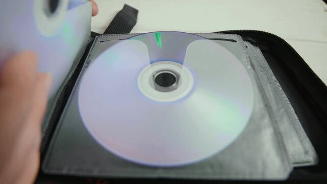 Close up of cd discs in a holder. Disc with data,movie or music.