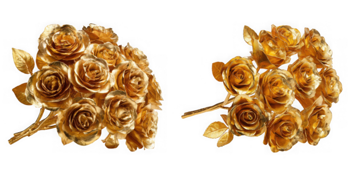 Two exquisite bouquets of lustrous golden roses, symbolizing luxury, wealth, and timeless beauty. ideal for celebrations. isolated on transparent background