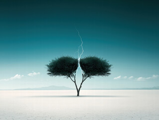 Obraz premium Lone tree split by lightning in barren field under teal sky, dramatic solitude and tension captured in stark minimal landscape
