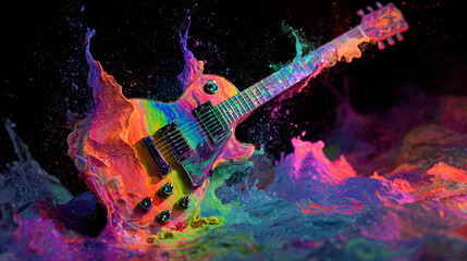 Psychedelic electric guitar with colorful splashes in dynamic artistic scene