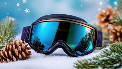 Stylish ski goggles with vibrant blue mirrored lenses rest on snowy ground, surrounded by pine branches and pinecones, creating a winter wonderland scene