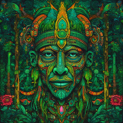 Psychedelic Tribal Shaman Portrait in Lush Jungle, Vibrant Neon Colors, Mystical Face Illustration