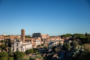 Ancient Roman Forum and Colosseum cityscape in Rome, Italy