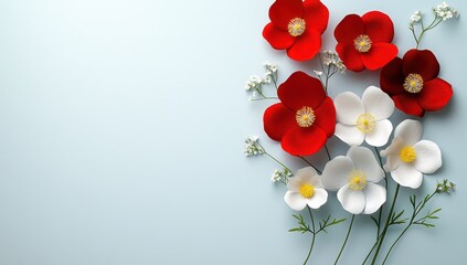 Red and white paper flowers with delicate white gypsophila create a beautiful floral arrangement on a light blue background
