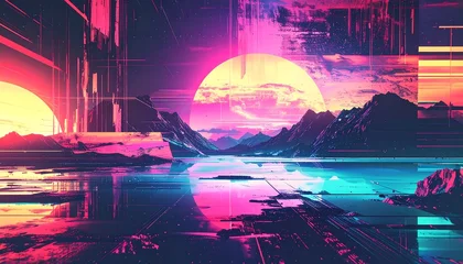 Tableau sur plexiglas Réflexion Retro futuristic landscape with glowing suns reflected on water, glitch art effect, mountains, clouds  © samsudin