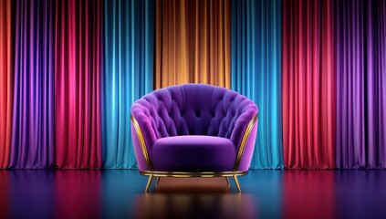 A luxurious purple armchair with gold accents sits center stage against a vibrant multicolored curtain backdrop