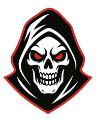 Grim Reaper Skull Mascot Logo – Evil Hooded Skeleton Head with Red Eyes, Esports and Gaming Emblem Vector
