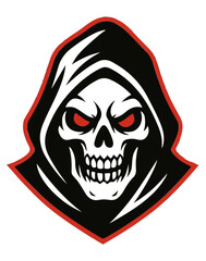 Grim Reaper Skull Mascot Logo – Evil Hooded Skeleton Head with Red Eyes, Esports and Gaming Emblem Vector