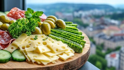 A delicious appetizer platter features salami, cheese, olives, cucumber, and parsley,  beautifully arranged on a wooden board with a city view in the background