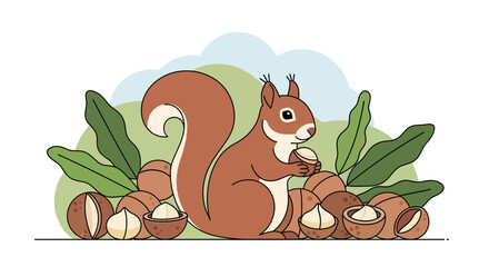 Fototapeta premium A Playful Squirrel with Delightful Nuts amidst Lush Foliage in a Whimsical Composition
