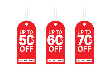 Red discount offer tags with text Up to 50%, 60%, 70% off.
Modern sale labels for marketing, shopping promotions, ecommerce, and seasonal special offer advertisements.
