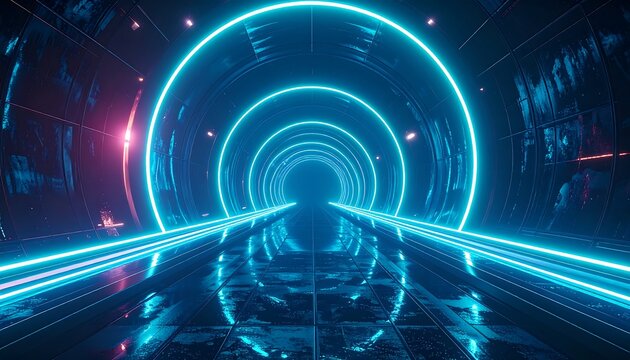 Neon tunnel Blue and pink glowing rings recede into darkness, reflecting on dark floor