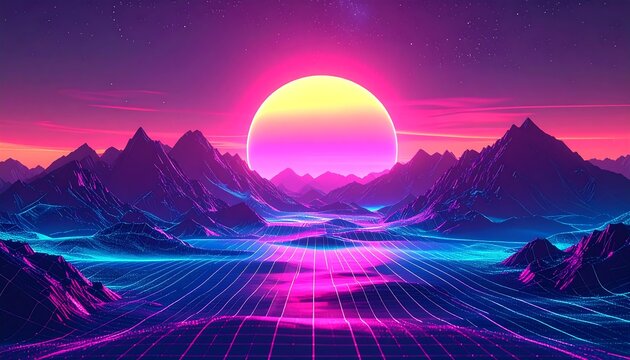 Retro landscape art mountains under sunset and digital grid horizon in pink, blue, and purple
