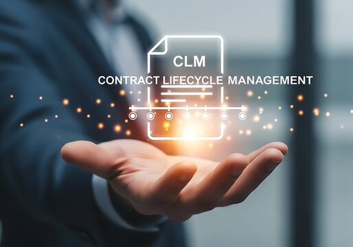 A businessman holds a glowing clm icon, representing contract lifecycle management, with a document symbol and text, highlighting the importance of efficient contract processes