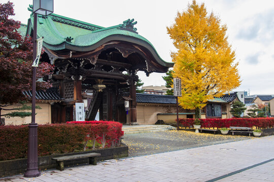 View of a grand wooden gate with a green roof stands amidst vibrant autumn foliage, casting a timeless scene, Kanazawa, Ishikawa, Japan.