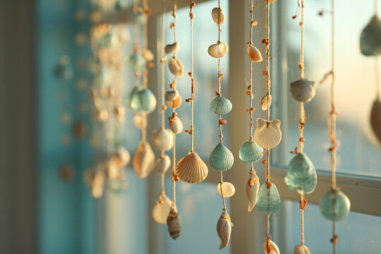 Coastal Elegance: A delicate display of shells hangs gracefully in front of a window, illuminated by soft sunlight. The composition evokes a sense of tranquility and the beauty of the coast. - Powered by Adobe