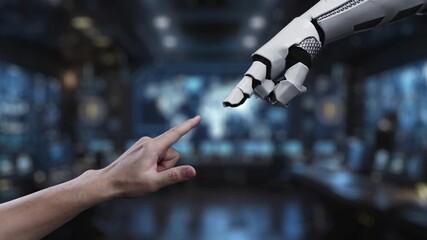 A contemporary visual showcasing a human hand and robotic arm linking with global business icons, representing innovation and data integration for future strategies. Auvana