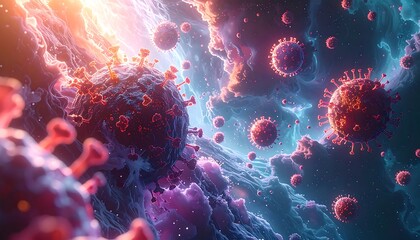 Microscopic view of viral particles against swirling, colorful nebulae, resembling a dangerous celestial outbreak