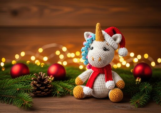 Cute crocheted unicorn with santa hat and red scarf, sitting on a wooden table with christmas lights and ornaments